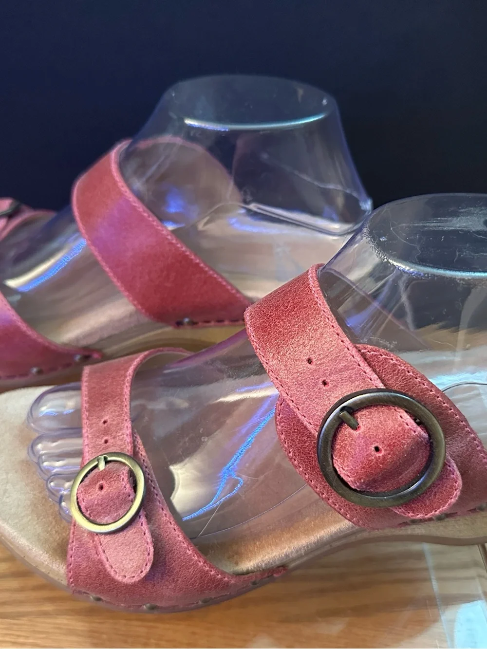 Dansko Pink Distressed Leather Wedge Buckle Sandals